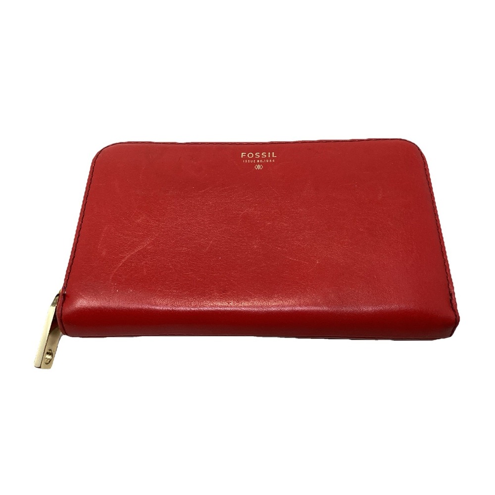 Fossil Red Leather Zip Around Clutch Wallet Card Organizer Wrist Strap